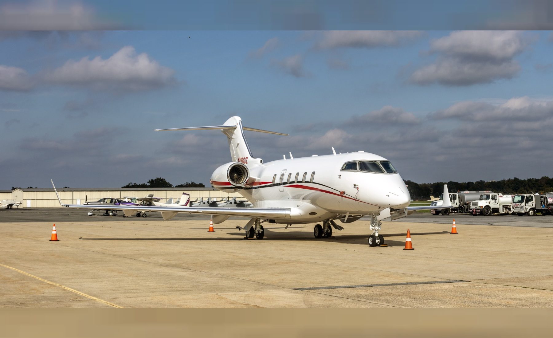 Bombardier Challenger 350 parked on ramp at Frederick Municipal Airport