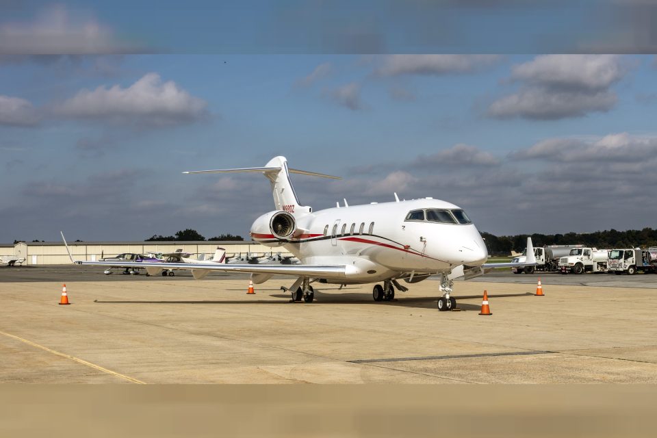 Bombardier Challenger 350 parked on ramp at Frederick Municipal Airport